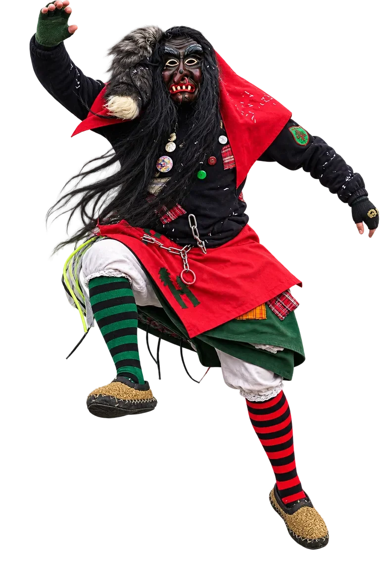 Huzler Hexa mit Fuchsfell Huzler Hexa im traditionellen Häs mit hellem Haar und Fuchsfell.